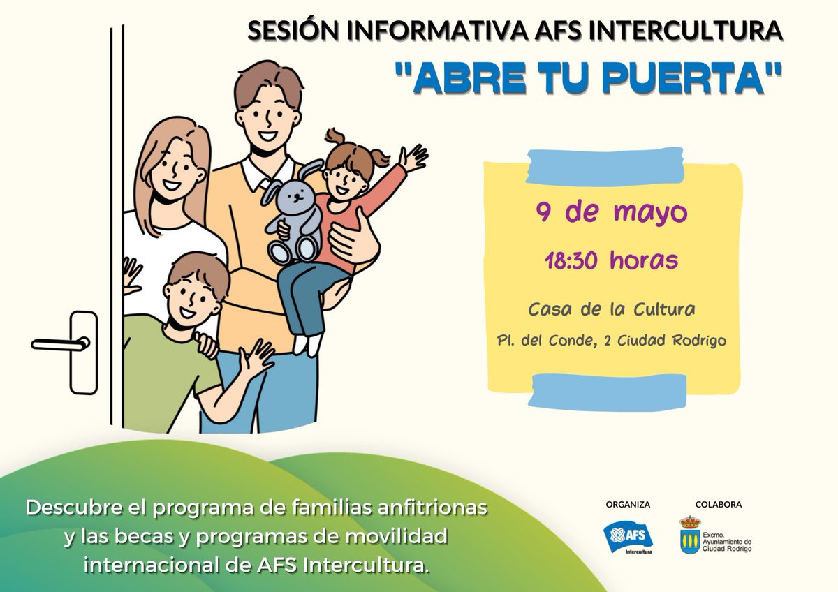 JLuSociales's tweet photo. Sesión informativa AFS Intercultura
Jueves 9 de mayo a las 18:30h. en la Casa de la Cultura. 
Buscamos familias anfitrionas!!!
Si estás interesada/o en estudiar en otro país o recibir a un estudiante, participar en el voluntariado y vivir una experiencia intercultural, infórmate! https://t.co/6Z4nw2d9Yk