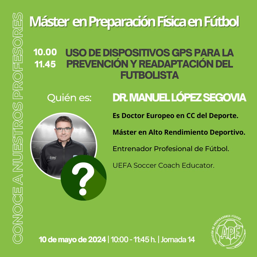 APFfutbolpf's tweet photo. Este viernes 10 de mayo, Manuel López Segovia, nos hablará sobre el uso de los GPS para la prevención y readaptación del Futbolista.

Manuel es otro de nuestros profesores 🔝 del #MasterPF. Será una clase interesante.

Si eres socio de la #APF, puedes asistir a esta clase online. https://t.co/zx05bqCHrE