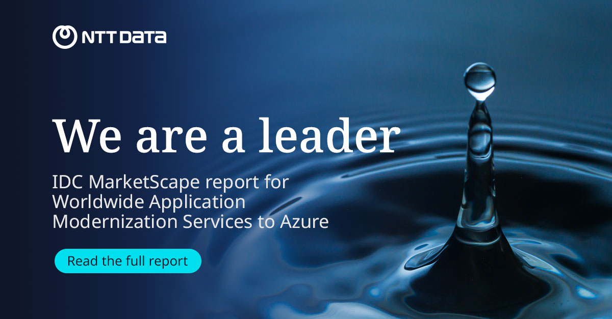 NTT_DATA_NA's tweet photo. Great news! We're recognized as a leader in Application Modernization Services to Azure by IDC. https://t.co/eY6EHDuMIt #CloudMigration https://t.co/llTSUIBhvm