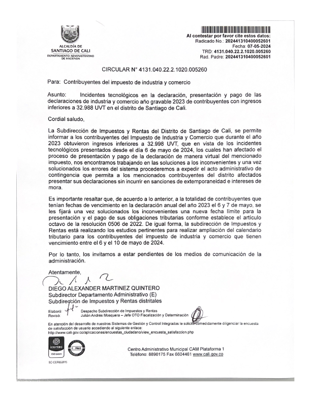 VYVAC_SAS's tweet photo. La alcaldía de Cali publicó la Circular No.5260 mediante la cual se notifica la ampliación de los plazos para la presentación y pago de la declaración de industria y Comercio en el municipio de Cali. https://t.co/Y7run3fooJ