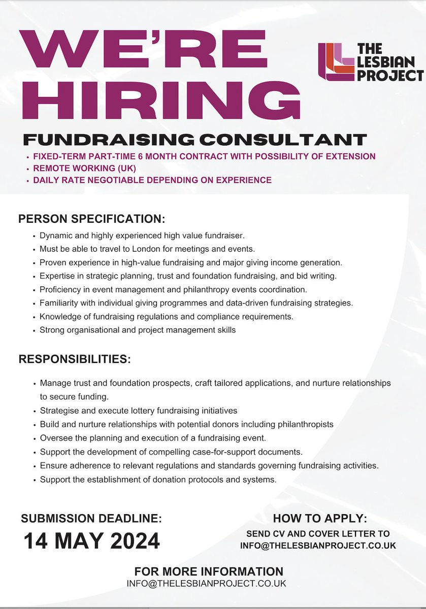 The Lesbian Project is looking for a fundraising consultant. If this sounds like you 👀⬇️, please get in touch - we'd love to hear from you! (NB please note the short deadline).