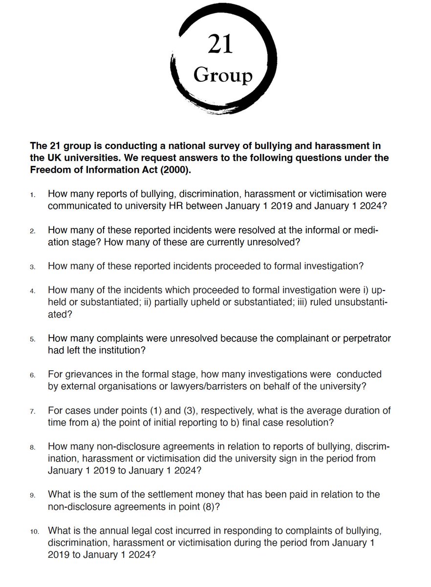 The 21 Group has made Freedom of Information requests on bullying, its frequency & its cost to all RussellGroup #universities #academia #academictwitter