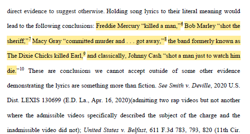 Texas Court of Criminal Appeals: Admitting rap music or videos in criminal trials is highly prejudicial, especially bc 'by no means is rap the exclusive genre for glorification of criminal activity.' Some examples from the Court: search.txcourts.gov/SearchMedia.as…