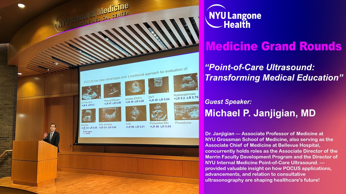 Technology at the bedside! @janjim01 gives a thought-provoking Med #GrandRounds at @nyugrossman, highlighting Point-of-Care Ultrasound’s (POCUS) transformative role in medical education. POCUS integrates ultrasonography at the bedside, impacting clinical decision-making. POCUS……