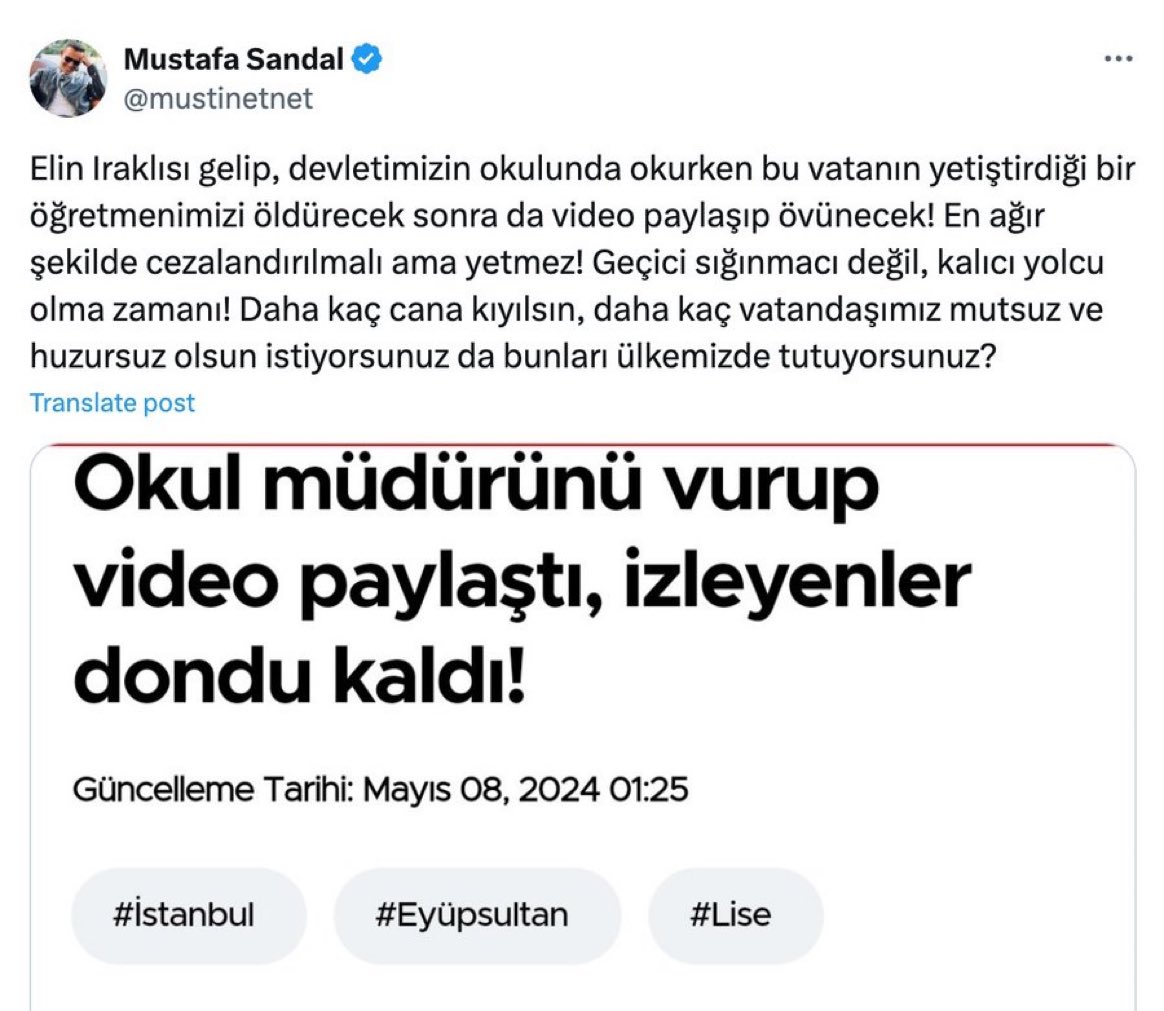 TRogretmen's tweet photo. Mustafa Sandal: "En ağır şekilde cezalandırılmalı ama yetmez! Geçici sığınmacı değil, kalıcı yolcu olma zamanı!"

#ibrahimoktugan 
#EgitimdeŞiddeteHayır https://t.co/EgZi3GfH1M