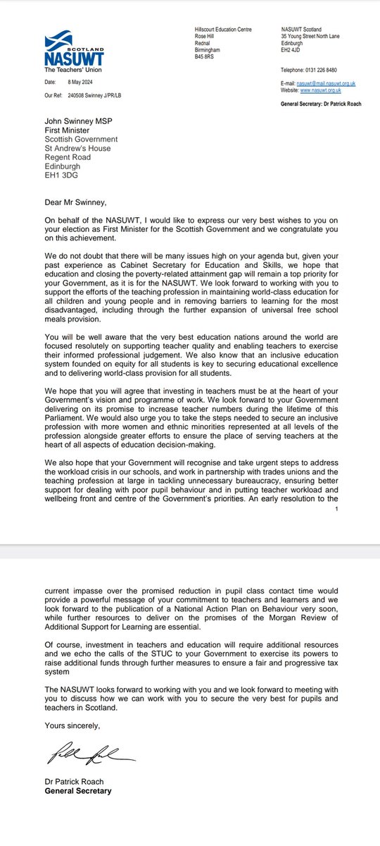 NASUWT_Scotland's tweet photo. Today, NASUWT wrote to @ScotGovFM @JohnSwinney setting out some of the areas in need of immediate priority.
#betterdealforteachers https://t.co/HgTCgBrvbz