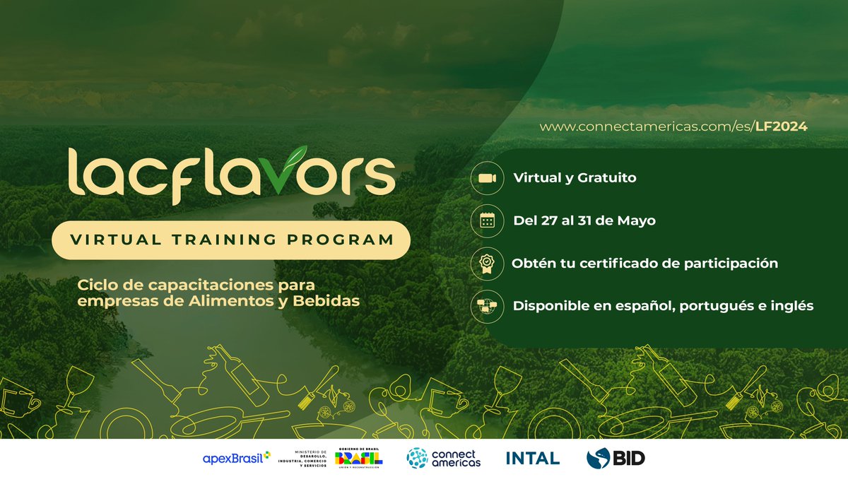 Te invitamos a la serie de capacitaciones virtual y gratuita en marco de la rueda de negocios #LACFlavors2024. Conecta tu empresa con cadenas globales de valor, explora estrategias en negociación, fijación de precios y herramientas digitales en alimentos y bebidas. ¡Asiste y