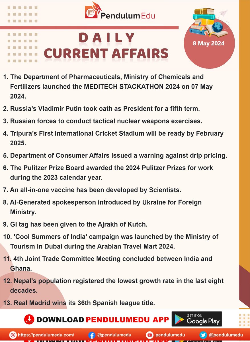 🌹Current Affairs🌹 Here 👇👇 is the important Current Affairs of 8th May, 2024. #UPSC #TSPSC #APPSC #KPSC #RPSC #GPSC #NPSC #TNPSC #CurrentAffairs #May #GS (Data courtesy: #PendulumEdu)
