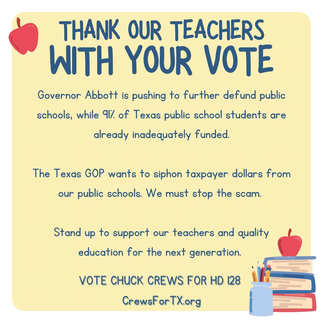 It’s #TeacherAppreciationWeek! Our educators deserve to be compensated fairly for their hard work, and our public schools deserve full funding. I will continue to fight for you, and a quality education for the next generation. 

#CrewsForHD128 
#SupportPublicEd
#SchoolVoucherScam