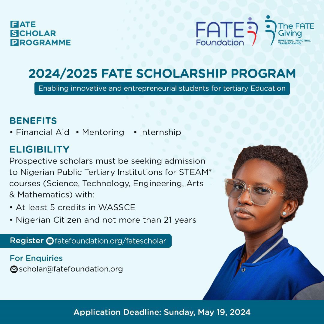 The registration for the 2024/2025 FATE Scholarship Program is on. Here is another opportunity for eligible candidates to access financial aid, mentoring and internship benefits. Quickly register using the link below: fatefoundation.org/fatescholar #FATEScholar #FATEGiving