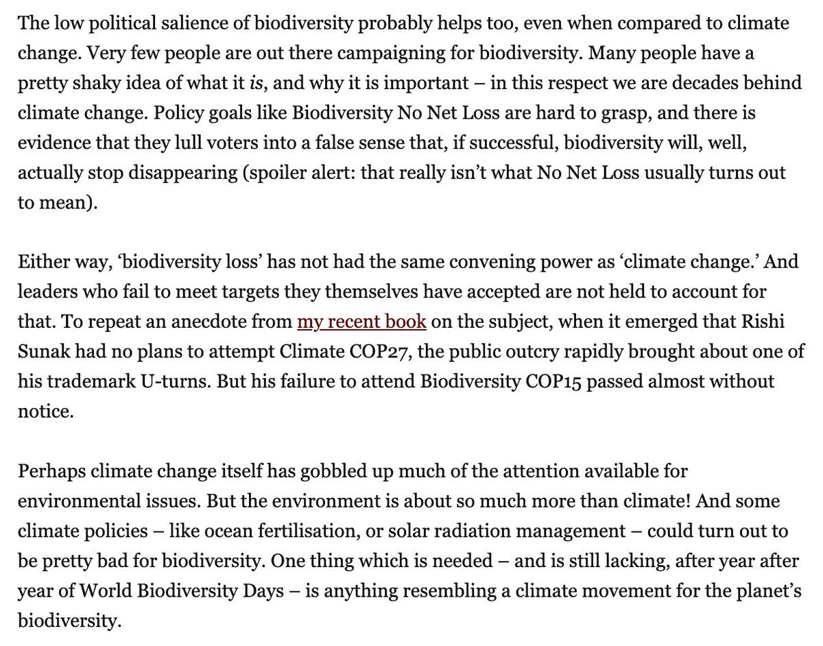 '...when it emerged that Rishi Sunak had no plans to attempt Climate COP27, the public outcry rapidly brought about one of his trademark U-turns. But his failure to attend Biodiversity COP15 passed almost without notice.'

crookedtimber.org/2024/05/08/why…