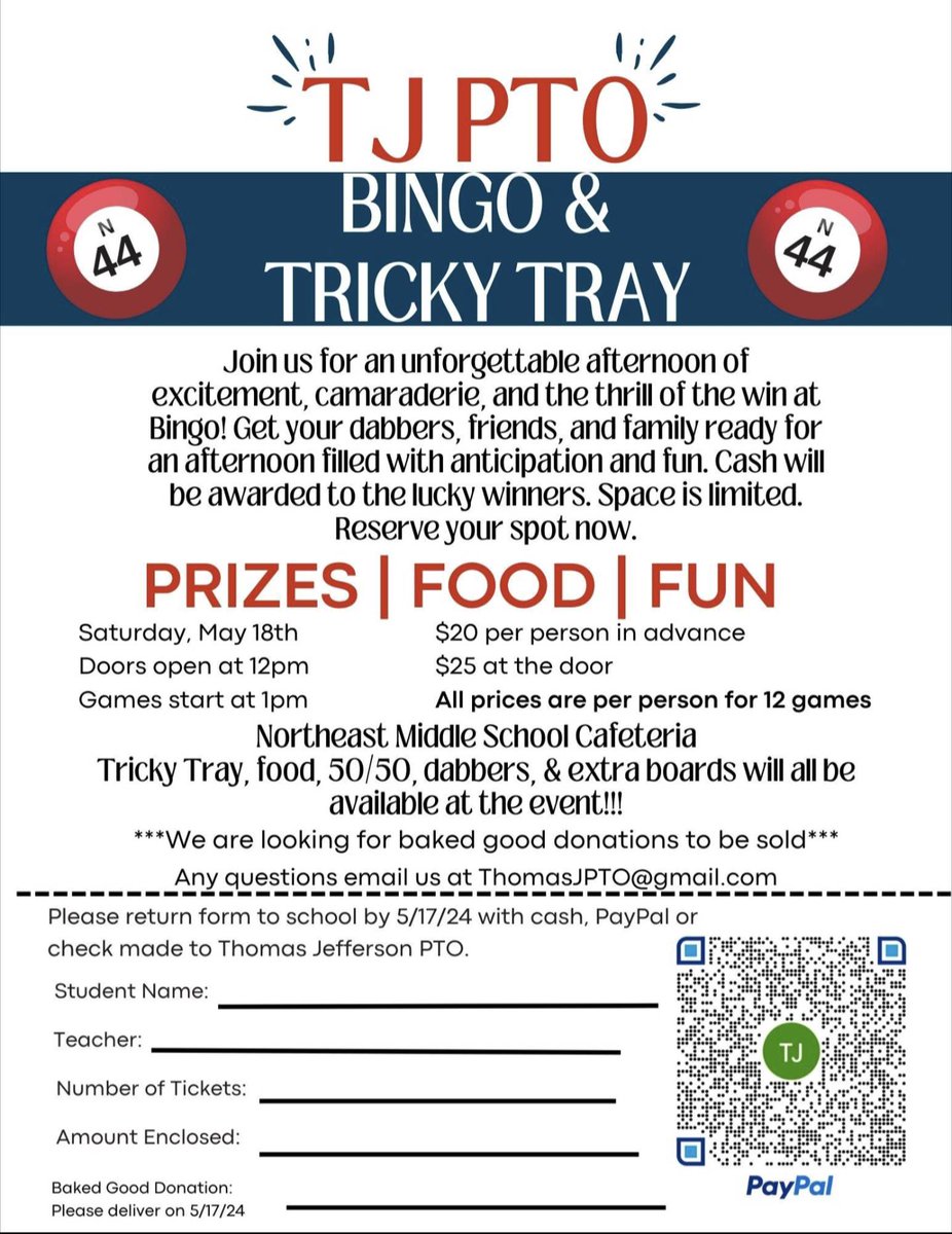 The Thomas Jefferson Elementary BINGO &Tricky Tray event is Saturday May 18 at Northeast Middle School and YOU are invited! 

#BASDCommunity @tjeffersonbasd #Bethlehem