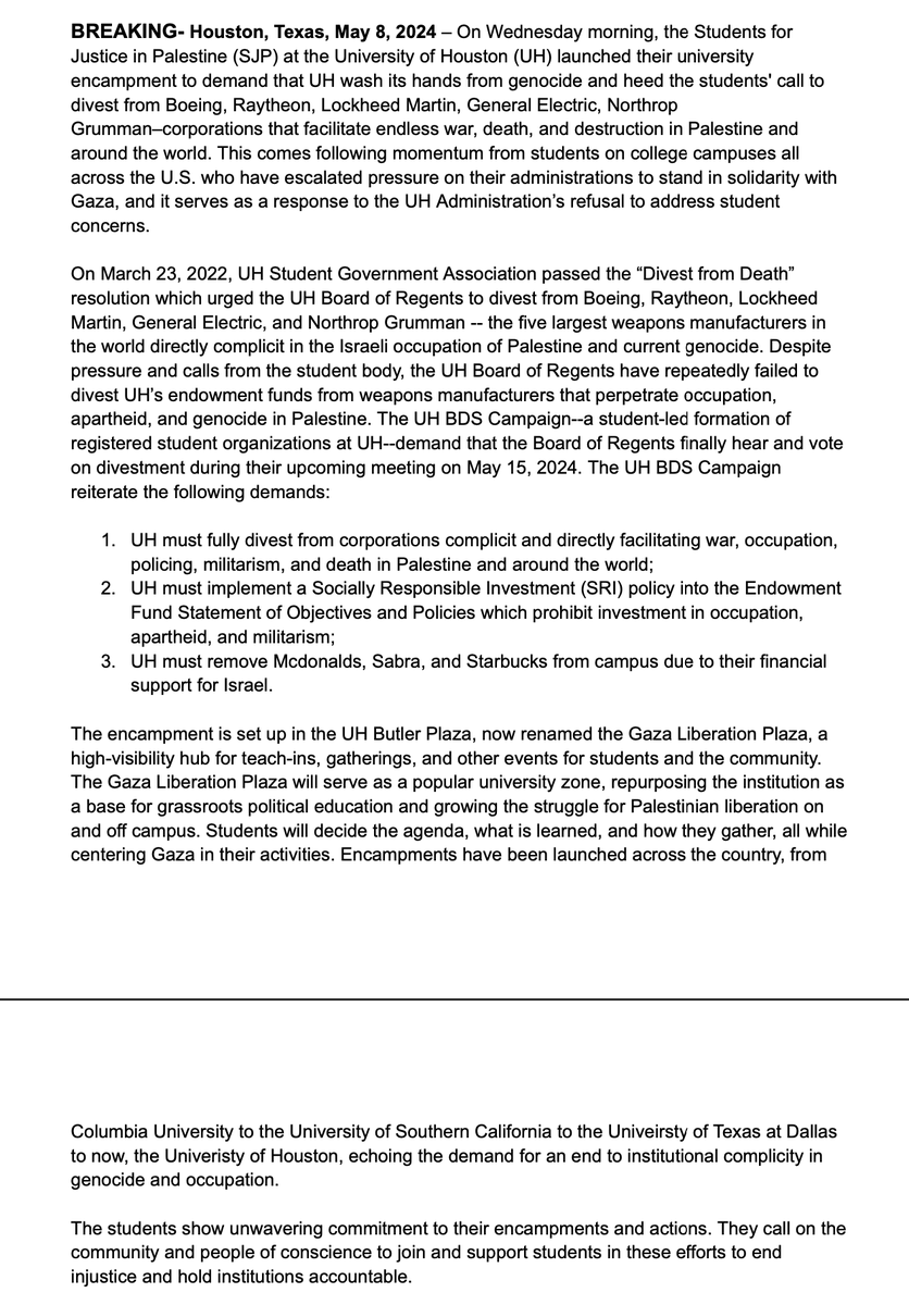 I spoke w/ Reyna, a pro-Palestine UH organizer, who said there were 2 arrests on campus this morning. The group's demands include divestment of ~$7 million in companies such as Boeing, Raytheon, & Lockheed Martin—& this protest was in leadup to a May 15 Board of Regents meeting
