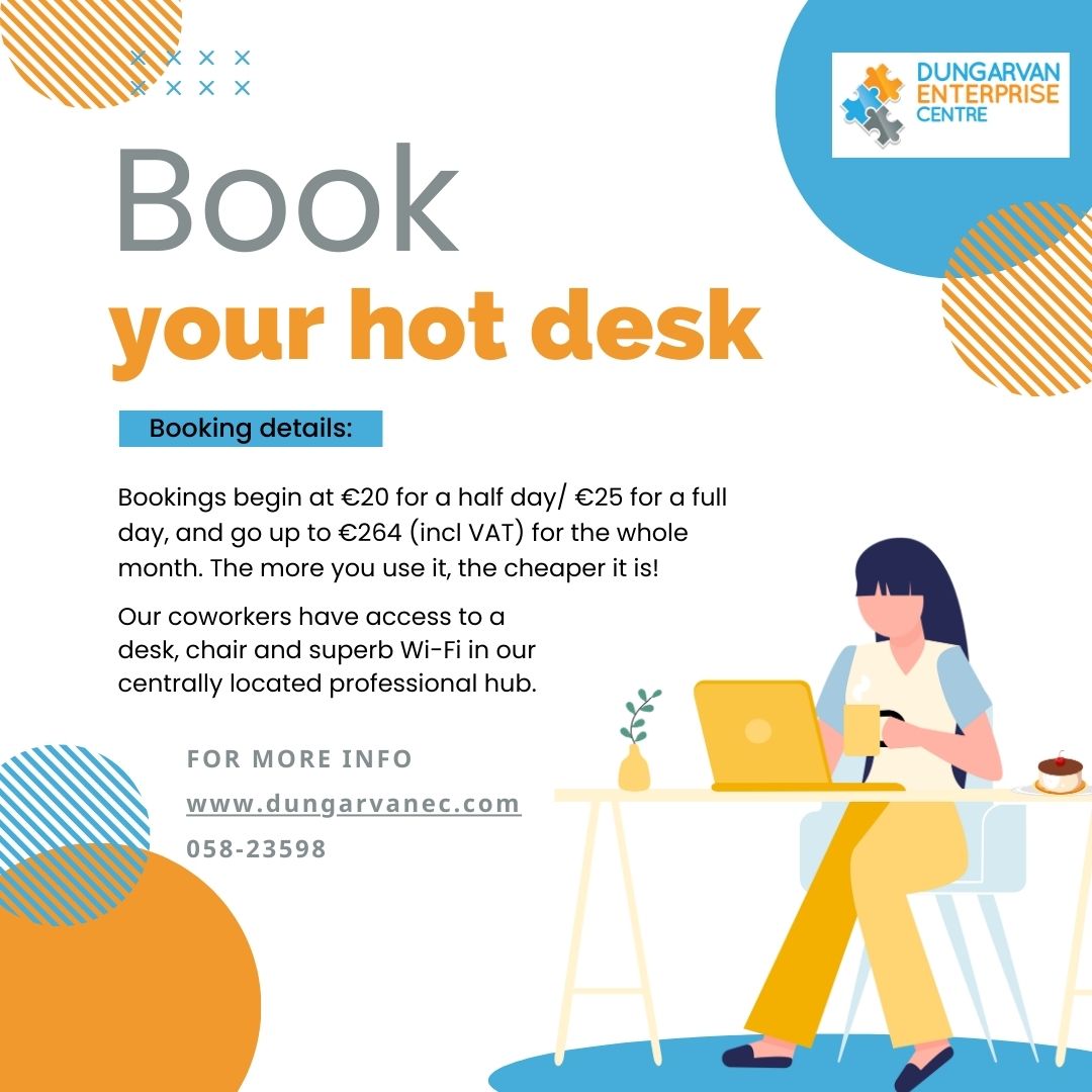 🗒️If you're looking to try coworking get in touch!
☎️Call us at: 058-23598 or
📩Email us: info@dungarvanec.com

#dungarvan #coworking #greenway #officespace  #remoteoffice #enterpriseireland #connectedhubs