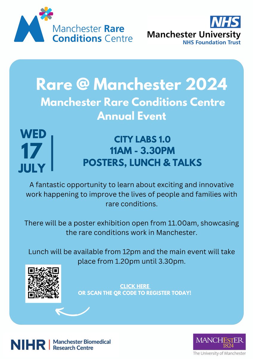 Calling all healthcare professionals, researchers & patient organisation representatives working in rare conditions! We are delighted to announce that Rare @ Manchester 2024 (2nd MRCC Annual Event) will be held on Wed 17th July. To register, check out our poster below! @MFTnhs