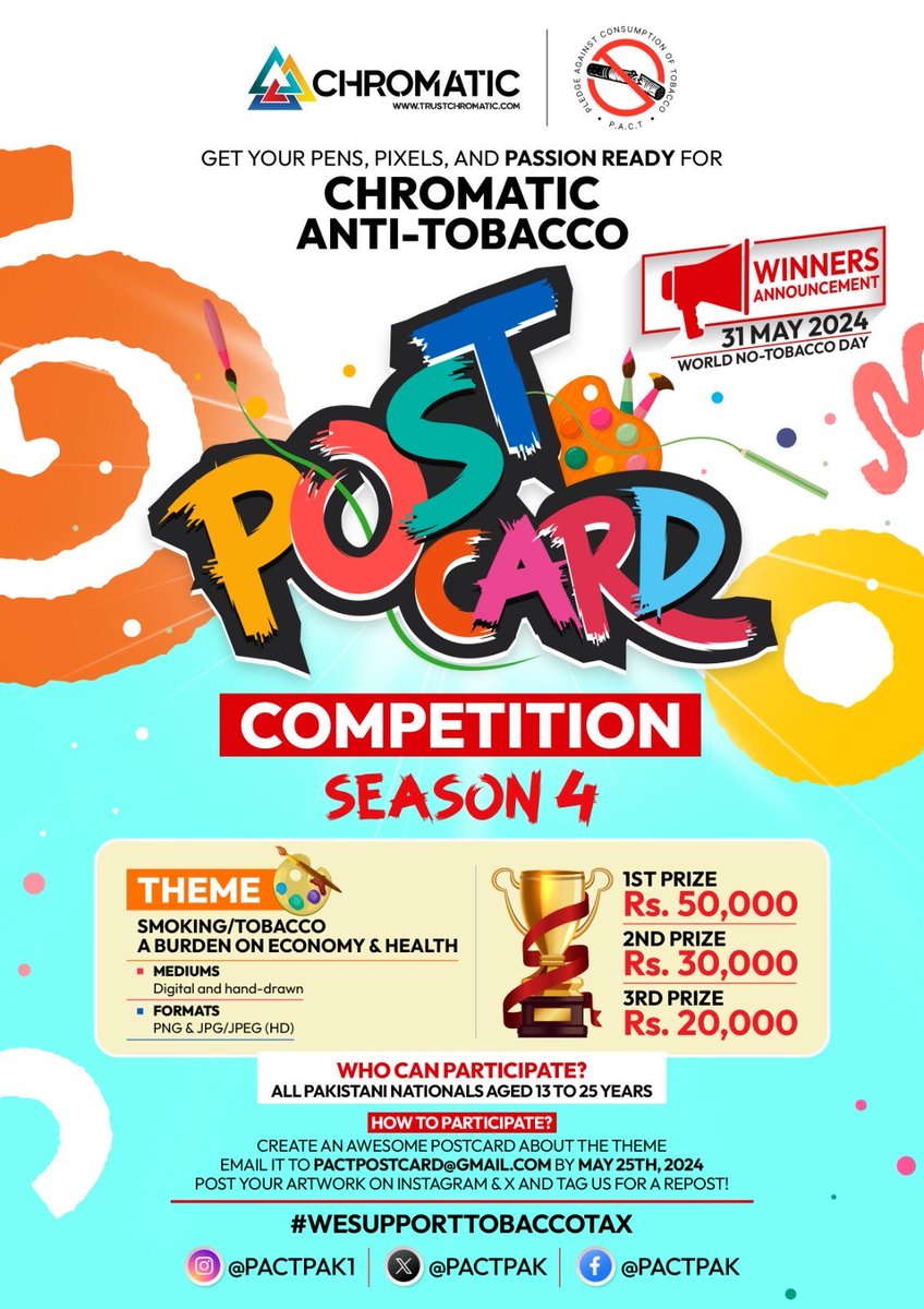 Chromatic's Anti-Tobacco Post Card Competition Season 4 is here: Theme: 'Smoking/Tobacco, A Burden on Economy and Health' Ages: 15-25 Submit by: May 25, 2024 Prizes up to PKR 50,000. Submit artwork or digital designs to: Pactpostcard@gmail.com Prize Ceremony: May 31, 2024…