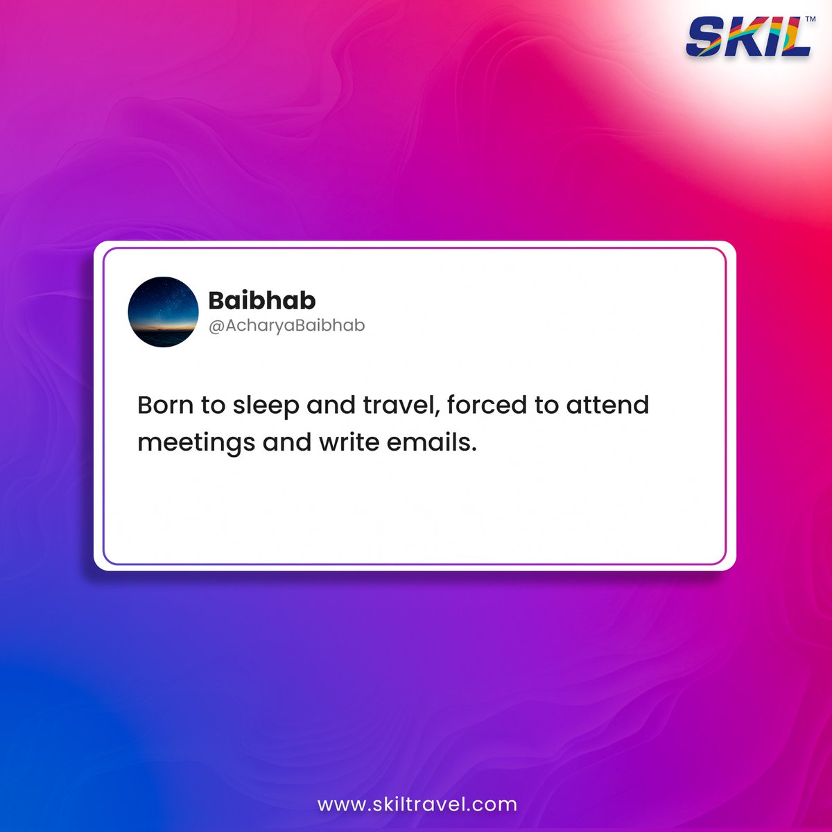 My spirit animal is a majestic eagle soaring through the sky. 🦅 Unfortunately, I'm currently trapped in the body of a hamster powering a corporate wheel. 🐹💼 #SKIL #SKILTravel #OfficeHumor #CorporateLife #Relatable #WorkStruggles #CreativeSoul #DreamVacation #corporatetravel