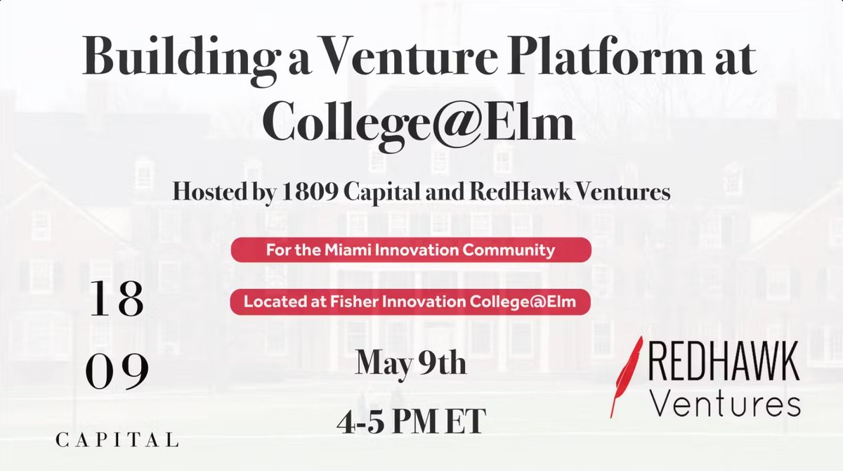 Join us on May 9 at 4:00 PM ET at @MiamiUniversity's @FisherInnovateto to learn more about collaboration between 1809 Capital and student-led seed fund, @RedhawkVentures. Register here ow.ly/cff650RzBig #LoveandHonor <a href="/FarmerSchoolMU/">Miami University Farmer School of Business</a> <a href="/StartupCincy/">StartupCincy</a> <a href="/MidwestStartups/">Midwest Startups</a> <a href="/MiamiAlum/">MUAA</a>