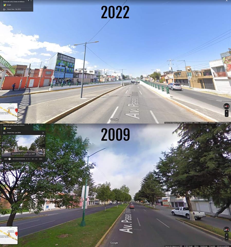 Cuando te pregunten por que se siente tanto calor muestrales esta imagen 🥵 Paseo Tollocan a la altura de Carranza tenía árboles hace 15 años