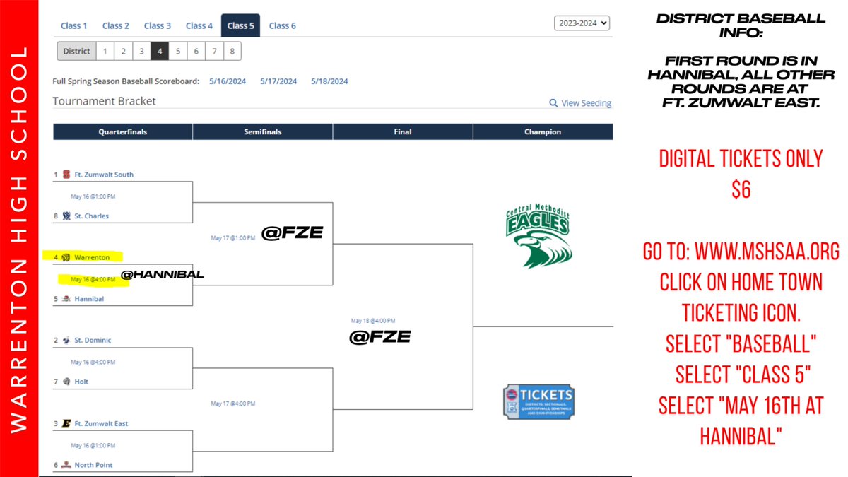 District baseball starts next week in Hannibal at 4pm. All tickets must be bought online at mshsaa.org. The May 16th game in Hannibal is at 4pm but the ticket you will purchase will be for the 1pm game (one ticket gets you into both games but we play at 4pm).