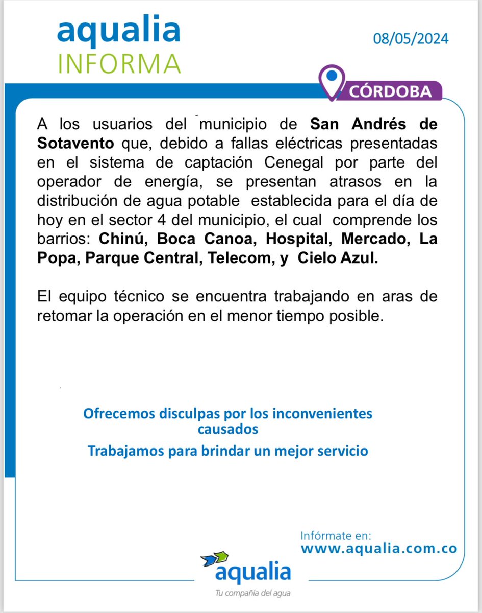 #AqualiaCol_Informa 🇨🇴 | 8 de mayo #Córdoba 📣 Infórmate aquí con nuestro último aviso para #SanAndrésdeSotavento. 

#AqualiaColombia