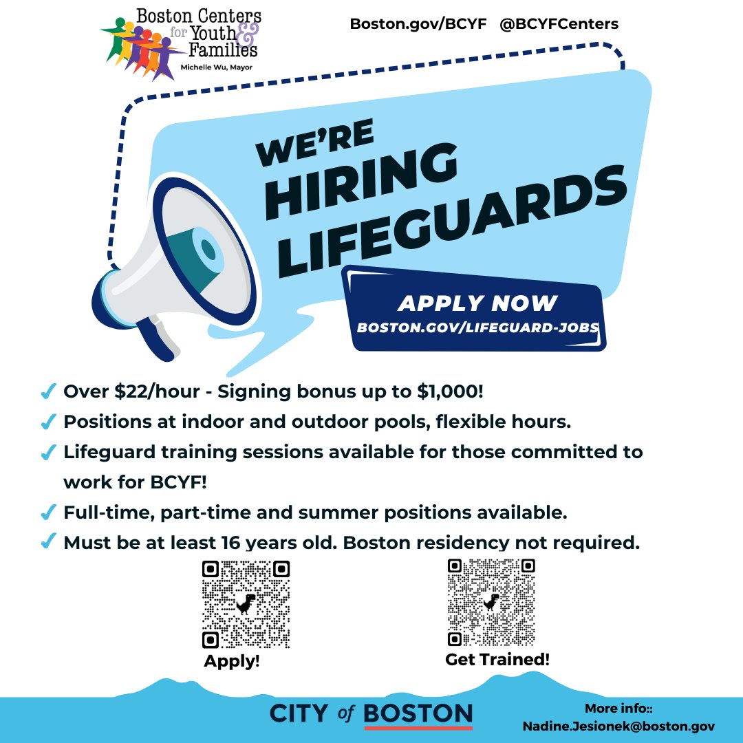 We're hiring lifeguards. Great job, great pay, great benefits! We offer training and you don't have to be a City of Boston resident! Learn more at Boston.gov/BCYF-Aquatics.
