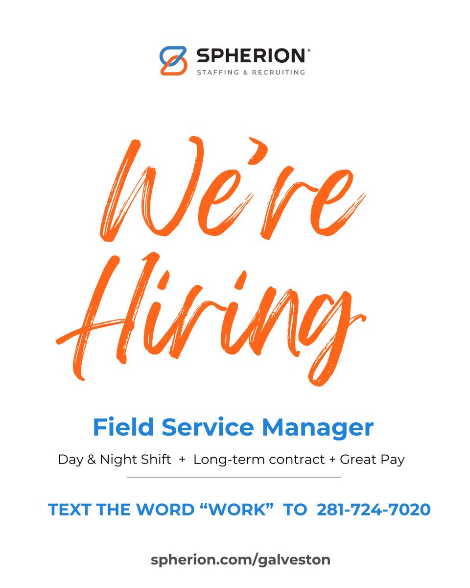 Are you ready to take the next step in your career? We are hiring! #WeAreHiring Text the word 'WORK' to 281-724-7020.

#hiringnow #staffing #baytown #staffingagency #baytowntx #staffingsolutions #spherion #hiringtalentnow #staffingservices #staffingfirm