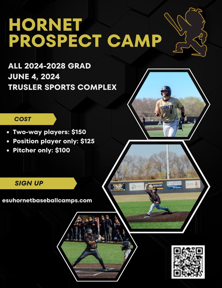 🐝 Prospect Camp Details ⬇️ ✅ Midweek Opportunity to get in front of our entire staff between tournaments ✅ Feedback from ESU Coaching Staff ✅ First Come, First Serve Sign Up @ shorturl.at/dqzD6