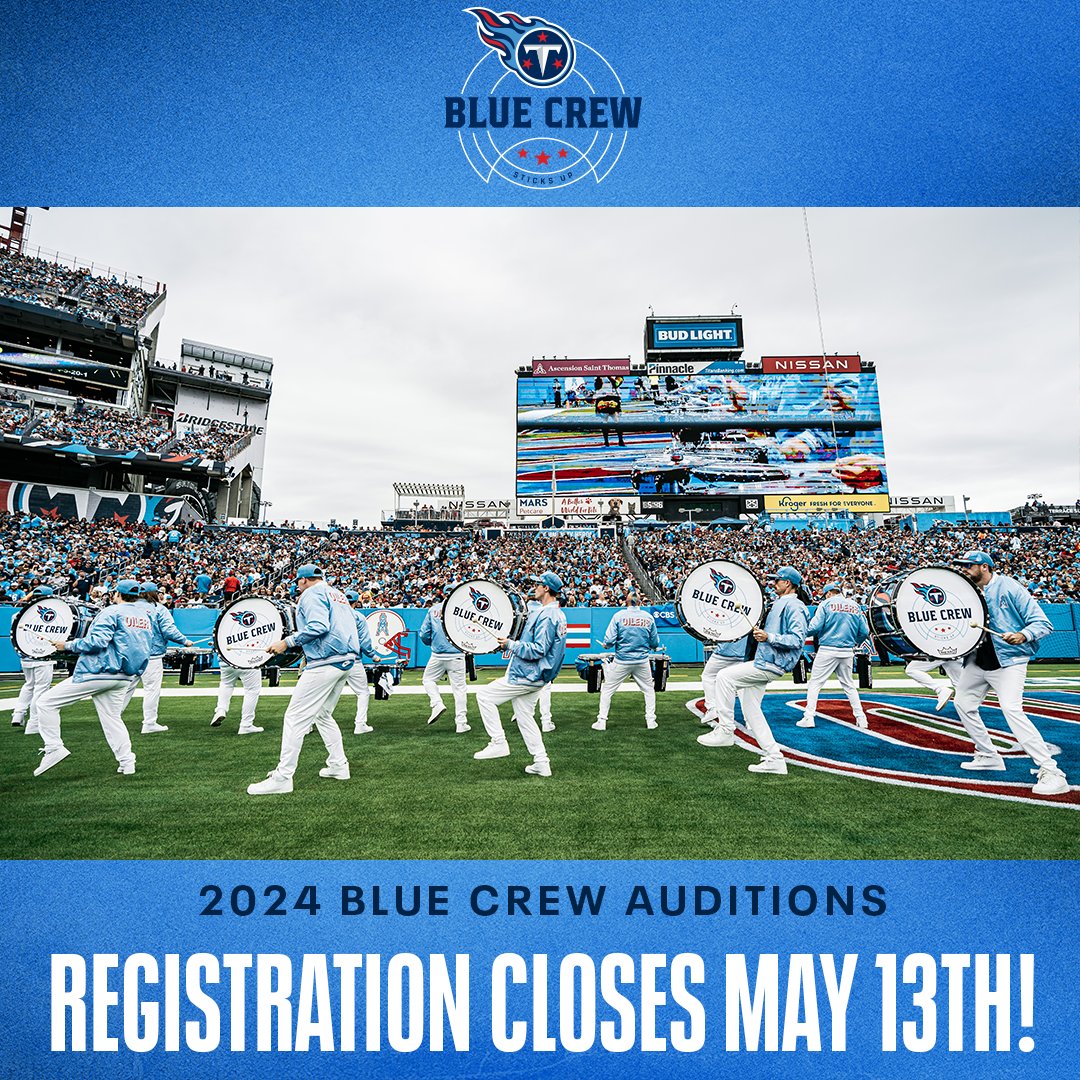 2024 Blue Crew Drumline Auditions are almost here! 🥁
Click the link below to register!
tennesseetitans.com/cheerleaders/b…
