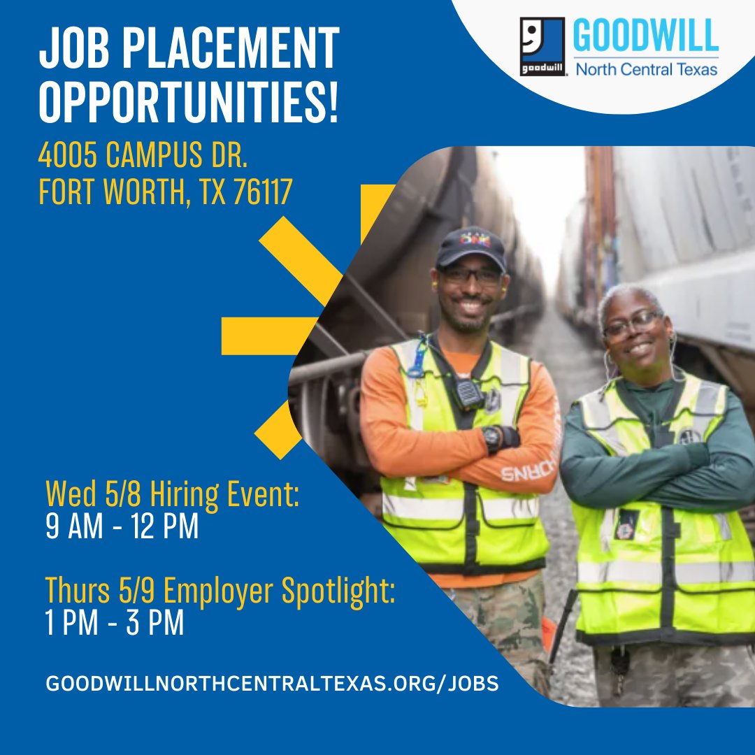 Need a job? We can help! Join us for a hiring event TODAY from 9 a.m. – 12 p.m. at our Campus Drive Facility, and don’t miss our employer spotlight with Union Pacific tomorrow from 1 p.m. – 3p.m. for more employment opportunities. #GoodwillWeek