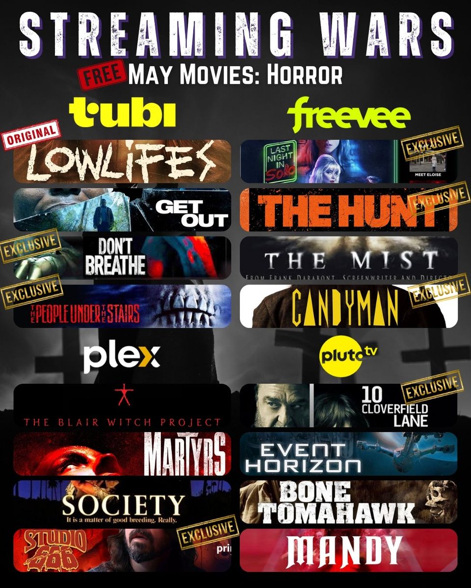 Choose 1 FREE streaming service for the month of May.
Movies marked EXCLUSIVE are ONLY on that streaming service.

#StreamingWars #Movies #Horror #HorrorCommunity #MayMovies
