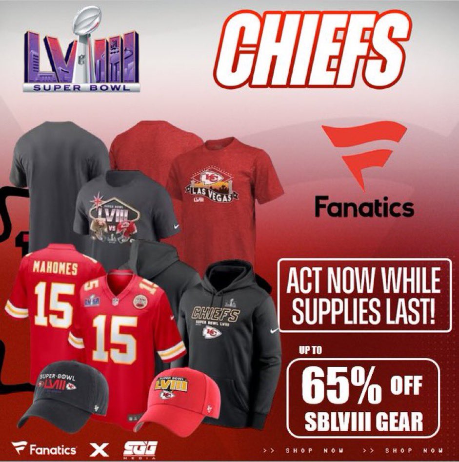 KANSAS CITY CHIEFS SUPER BOWL SALE, @Fanatics🏆 CHIEFS FANS‼️ Celebrate back-to-back Super Bowls and get up to 65% OFF Chiefs Super Bowl gear with FREE SHIPPING using this PROMO LINK: fanatics.93n6tx.net/CHIEFSSALE 📈 HURRY! DEAL ENDS SOON🤝