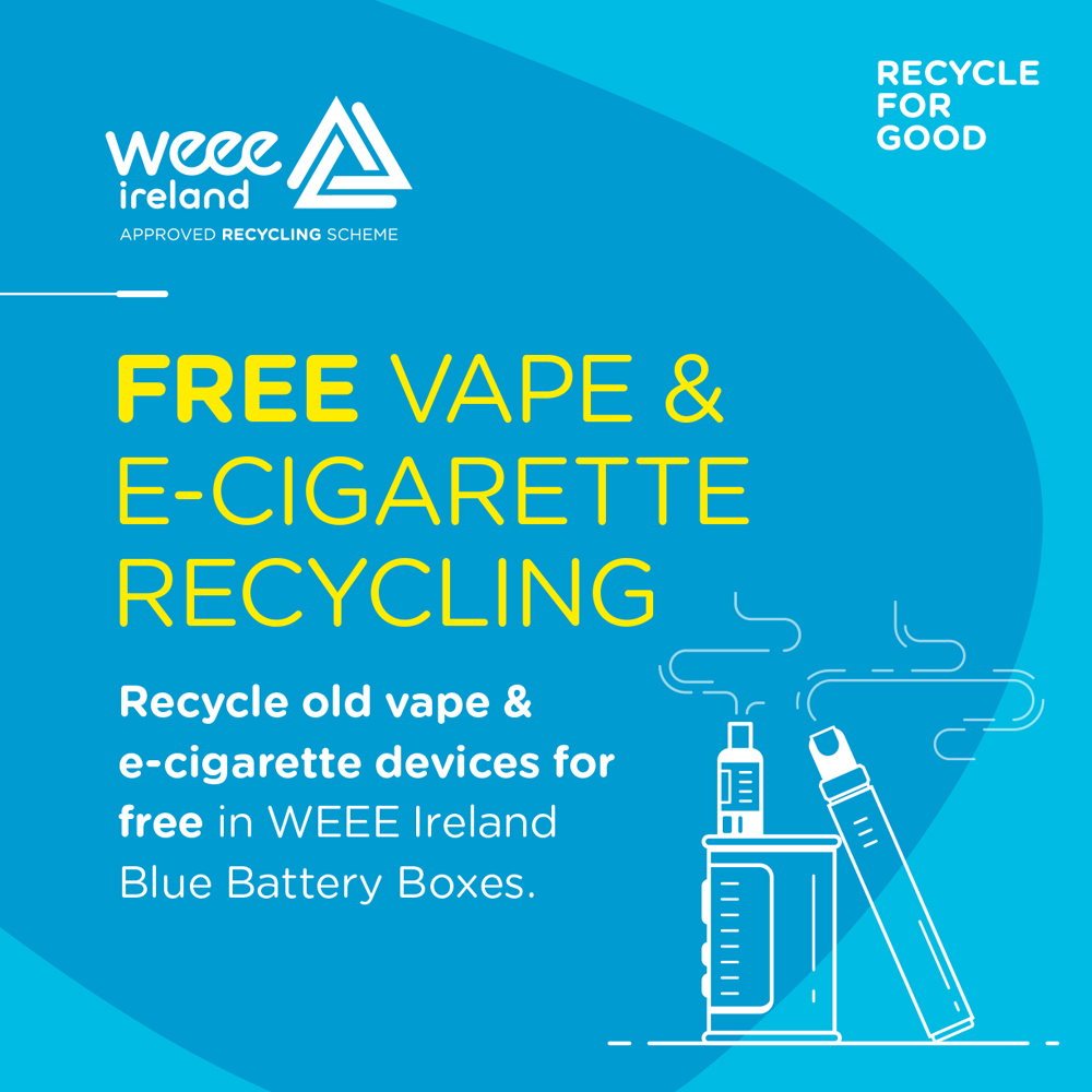 Vapes contain a variety of materials. ♻️By recycling, you are saving precious resources from going up in smoke! They can be returned to the store from which you bought them or can be recycled at a recycling centre near you. 🌐weeeireland.ie/household-recy… @WEEEIreland