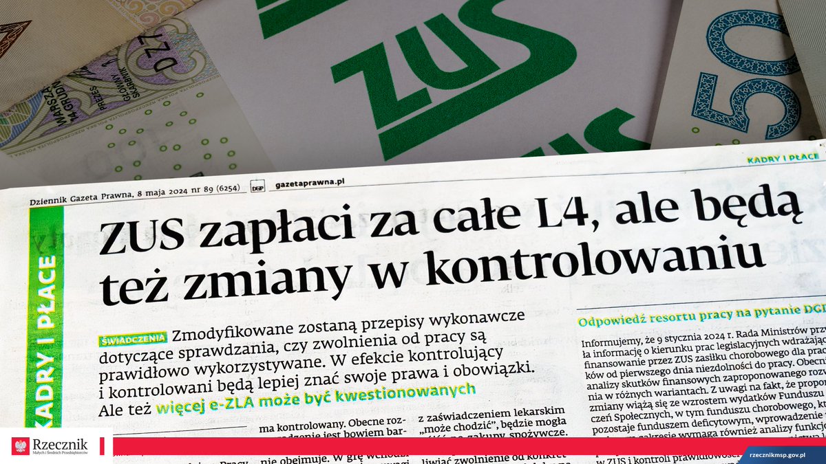 Jak informuje 📰 @DGPrawna (8 maja 2024), w @MRPiPS_GOV__PL ruszyły prace ✍🏻 nad przejęciem przez ZUS wypłacania zasiłku chorobowego za cały okres L4, o co od wielu miesięcy walczył Rzecznik MŚP @AdamAbramowicz1. Pełny artykuł dostępny poniżej. 🔗 edgp.gazetaprawna.pl/e-wydanie/5950… 🔗