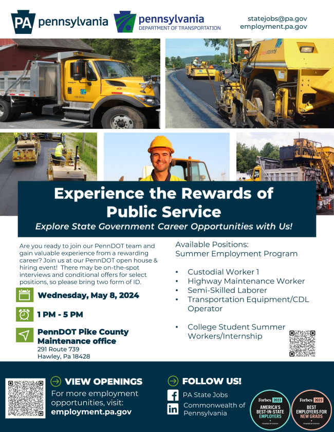 Pikeworkforce's tweet photo. Explore employment opportunities at Pennsylvania Department of Transportation (PennDOT) today at the PennDot Pike County Maintenance Office located at 291 Route 739 Hawley, PA 18428 between 1pm and 5pm!

#PennDOT #workingpike https://t.co/TKZLBrhUUK