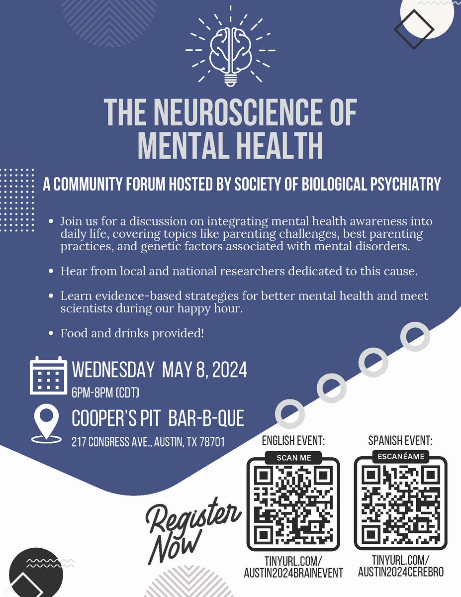 Happening TONIGHT! Join us in #AustinTX for a #FREEevent on the #neuroscience of #mentalhealth and chat with #scientists while enjoying #FREE #BBQ! We cannot wait to talk #brainy with you 🤩🧠 @SOBP @npp_journal @hmarusak @TamarGurMDPhD @BrainsBeesBikes #Austin #TX #Texas