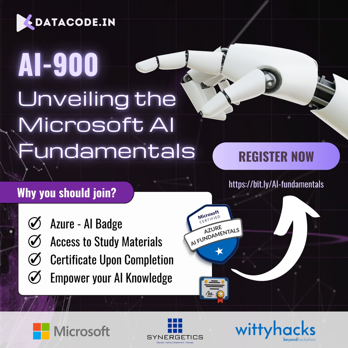 Datacode_in's tweet image. Unlock the Power of AI-900: Join us on May 11th, for an immersive journey into Microsoft AI Fundamentals
Enjoy a plethora of benefits, including a Complimentary Azure-AI Badge, Access to Comprehensive Study Materials
Secure your spot now at bit.ly/AI-fundamentals