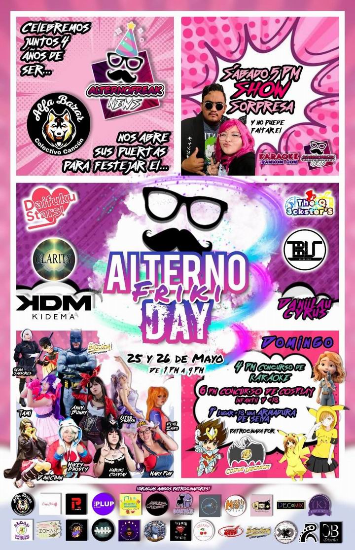 😎 Alterno Friki Day 'Los esperamos para celebrar el 4° Aniversario de AlternoFreak News' 📆 Sábado 25 y domingo 26 de Mayo ⌚ 1:00 PM - 9:00 PM 📍 Alfa Bazar Región 94 maps.app.goo.gl/Wtx7KuxBk8UsGu… ❗ AlternoFreak News facebook.com/alternofreakne…