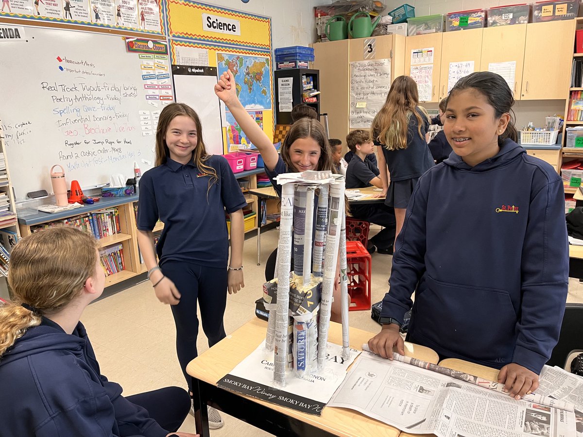 We are busy building towers ⁦@stpetersmilton⁩. We have a limited amount of supplies and money and must build the tallest tower that can withstand an earthquake and a hurricane. ⁦@hcdsbsteam⁩