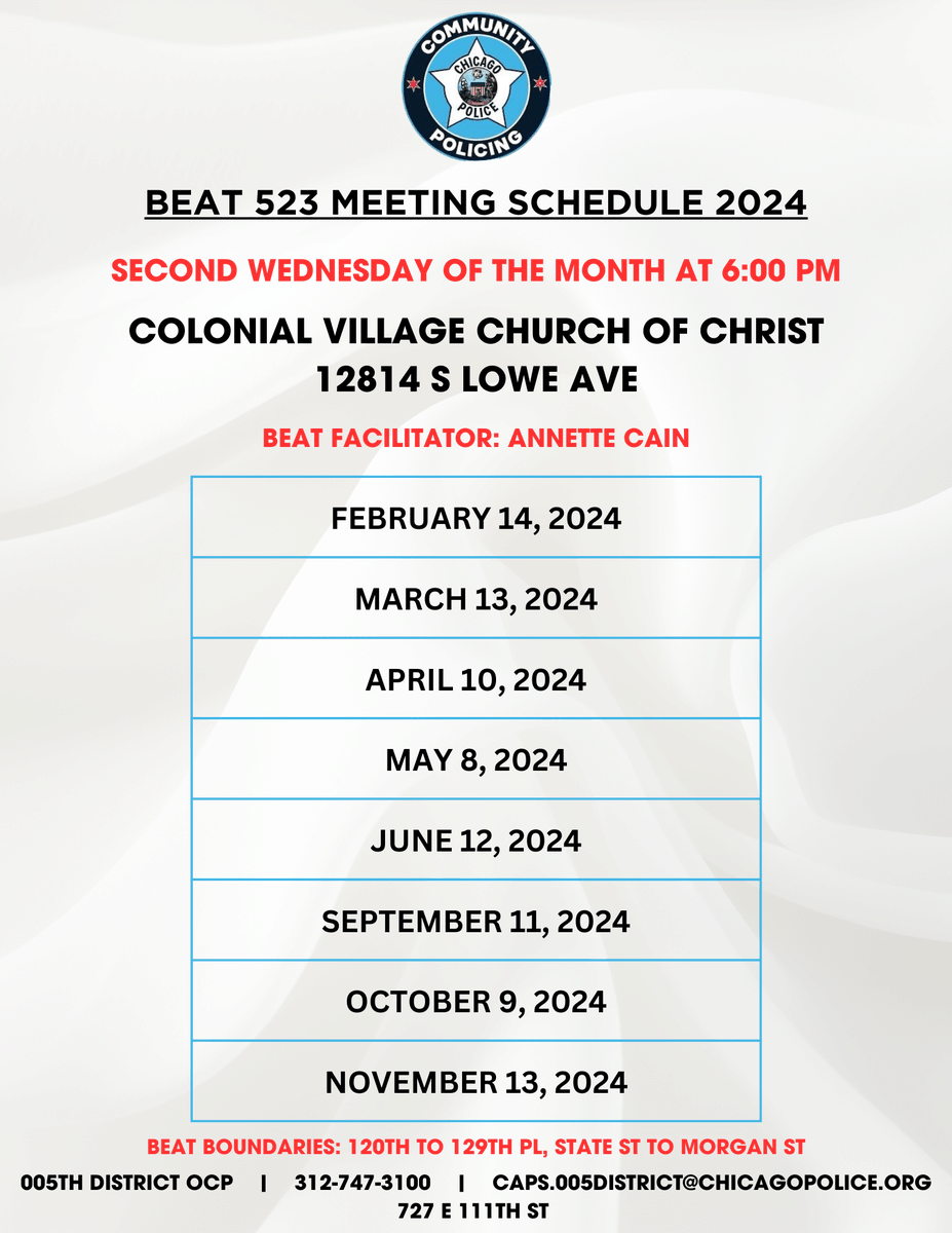 Join us for 523 Beat Meeting, TONIGHT, May 8th, 6:00 pm at Colonial Village Church of Christ, 12814 S Lowe