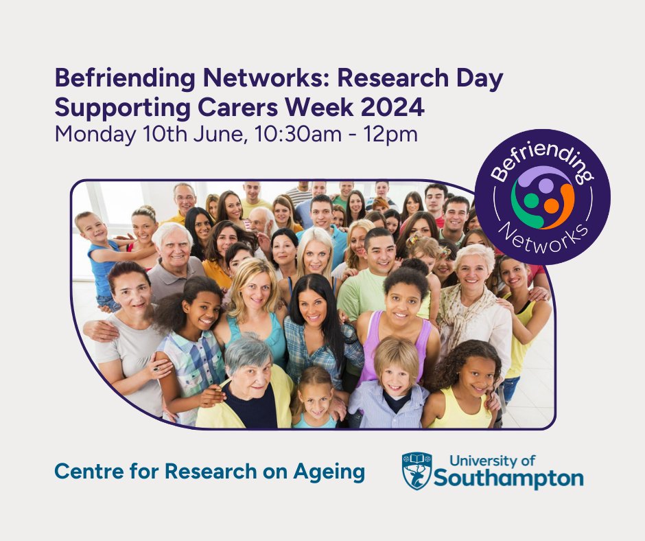 To start your #CarersWeek join our research event on Monday 10th June at 10:30. Hear from Professor Maria & Professor Jane as they present from Centre for Research on Ageing @CRASoton helping attendees to understand, support and work with carers. More info:…