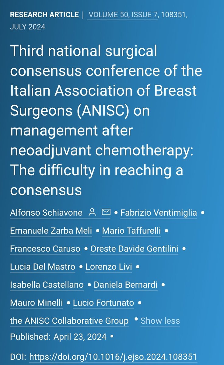 📢 News from the ANISC Consensus Conference! 🇮🇹
💻 Held online, 164 #breastcancer specialists from 74 centers debated the evolving role of neoadjuvant chemotherapy in breast cancer treatment. 🎯 
Check the results in @ejsotweets 
@FortunatoLucio @donatellasanti6 @BreastCaupdates