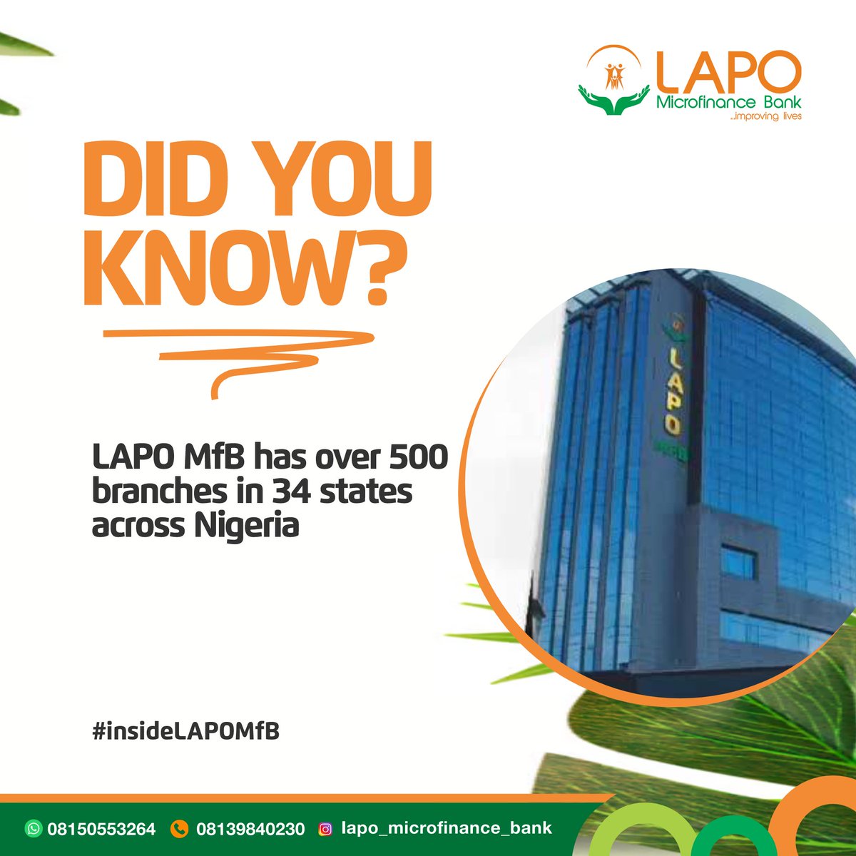LAPO MfB is Growing Bigger and Stronger

We are here to support your financial journey, wherever you are in Nigeria! 

To explore our loan and savings products, you can visit a branch near you lapo-nigeria.org/lapo-branch-di… or call 08139840230. 

#LAPOMfB #ImprovingLives