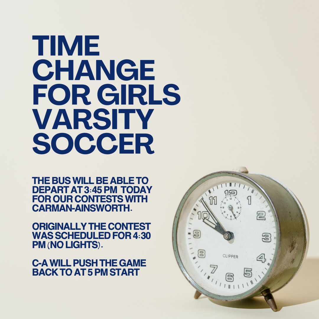 Time change Girls Varsity Soccer.  Originally the contests was scheduled for 4:30 PM because C-A does not have lights.
Heritage cannot leave until 3:45 PM.  C-A will push the game back to 5 PM
#GoHawks #GirlsSoccer #TimeChange