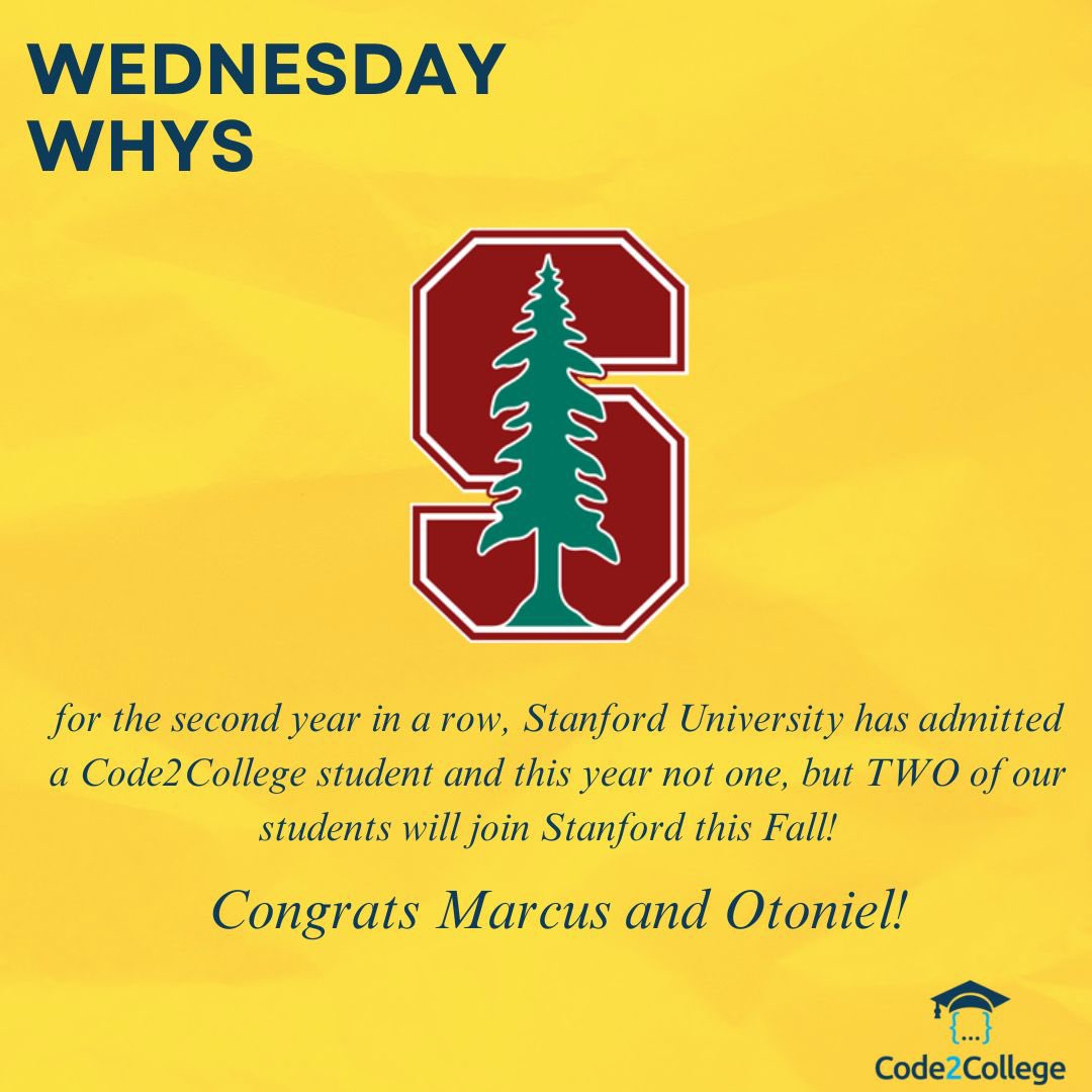 Code2College (@code2college) on Twitter photo For the second year in a row, <a href="/Stanford/">Stanford University</a> has admitted a Code2College student. And this year not one but TWO C2C students will become Cardinals this Fall.
We mean it when we say #highschoolinternshipschsngelives
#edtechchat #collegeaccess #edtech For the second year in a row, <a href="/Stanford/">Stanford University</a> has admitted a Code2College student. And this year not one but TWO C2C students will become Cardinals this Fall.
We mean it when we say #highschoolinternshipschsngelives
#edtechchat #collegeaccess #edtech