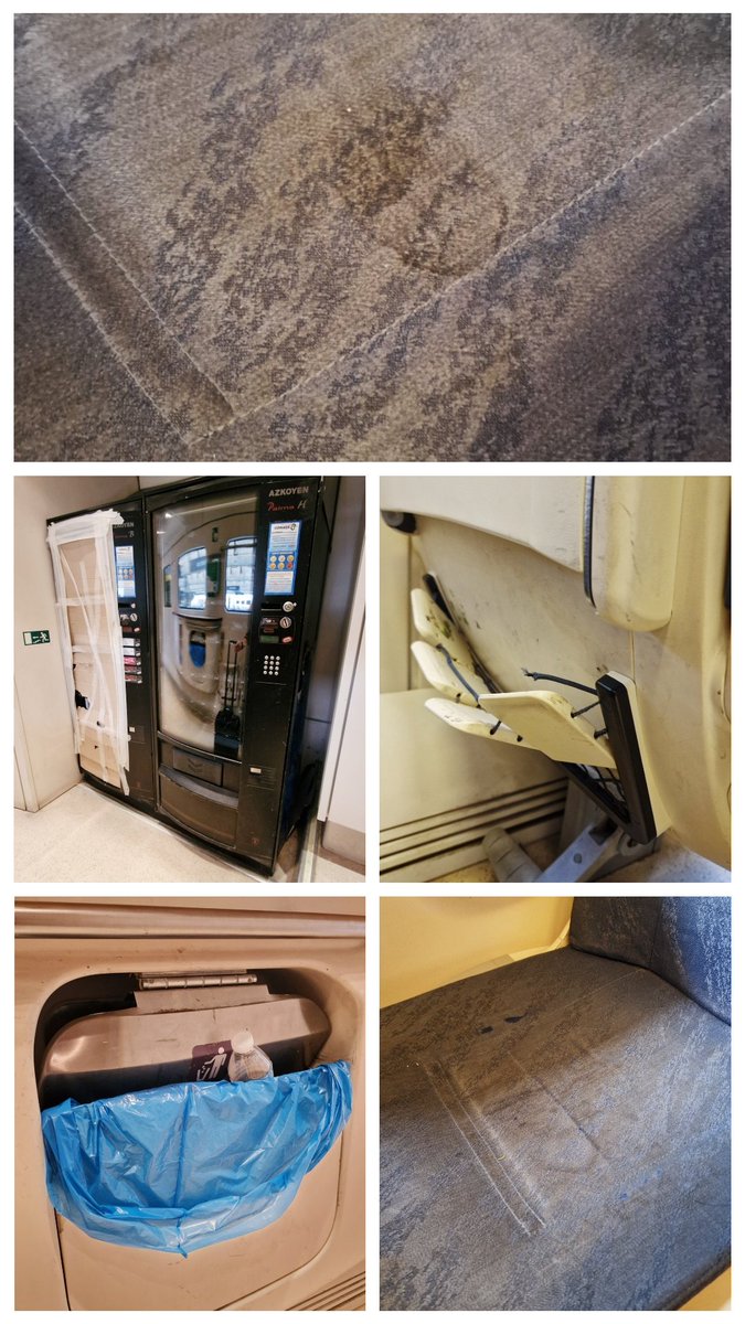 wienlared's tweet photo. El tren de hoy de Sevilla a Huelva. 
Asientos sucios y rotos, vending fuera de servicio o rotas y papeleras reventadas. Ni pa 1 café.
Renfe vuela, pero a otra época.
Desde '99 esperando el ancho de Vía y el ave.🤦‍♂️
@Renfe @AytoHuelva @huelva_info @HuelvaBN @Huelvatv @AzaharaCom https://t.co/proJ6HCE5D
