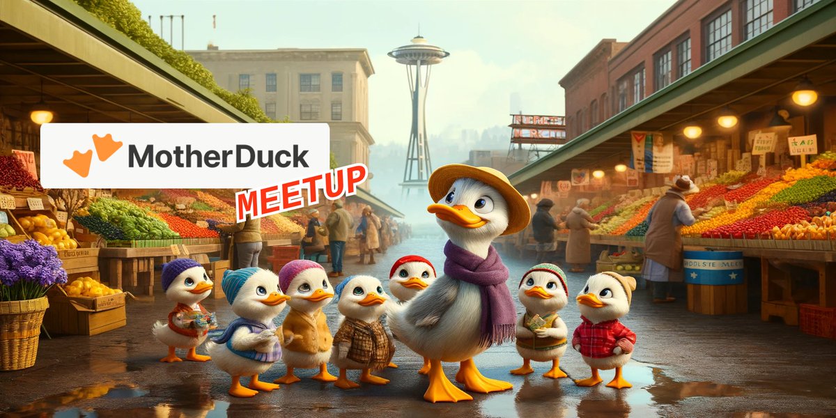 Seattle data folks, we're hosting the next MotherDuck / DuckDB meetup at our MotherDuck offices in Seattle on Monday, May 20th. Join us for engaging talks from @matsonj and @GuenP plus networking with fellow data enthusiasts. Space in the pond is limited so sign up today!