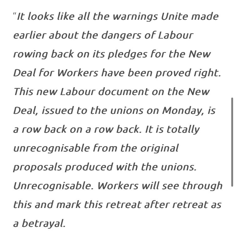 Unite says Labour have retreated on their workers’ right plan and accuse Starmer of “betrayal”.