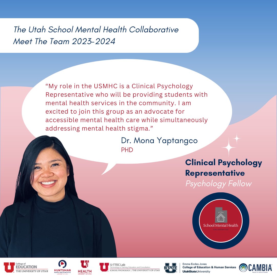 We’re highlighting Dr. Mona Yaptanco! She supports the USMHC as a Clinical Psychology Rep. and is on the Behavioral Health Innovation & Dissemination Center (BHIDC) Team at the U. 💫
#SchoolMentalHealth #UtahSMHCollab 
@Cambia @uofu_hmhi @UUtah @RegenceUtah @USUAggies @UTPublicEd