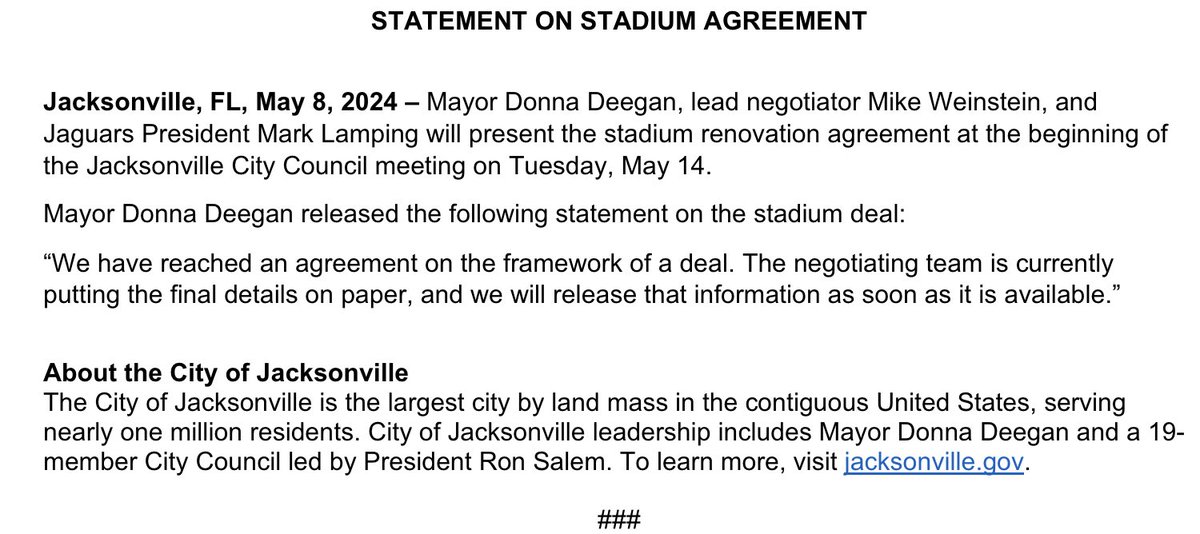 IT'S OFFICIAL: @CityofJax announces @Jaguars stadium deal will be presented on Tuesday. @ActionNewsJax